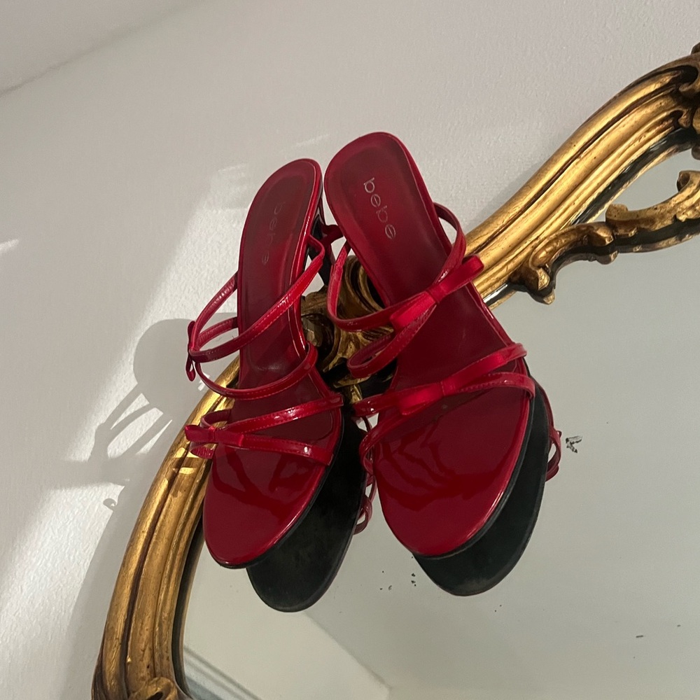 Bebe Glossy Red and Black Strappy Heels